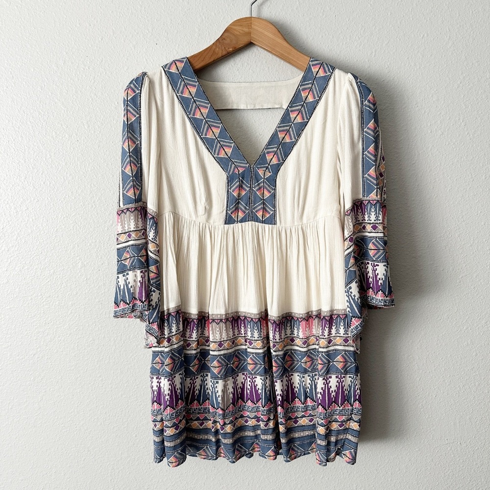 Free People Terra Nova Boho Cut Out Geometric Bell Sleeve Mini Dress Size XS
